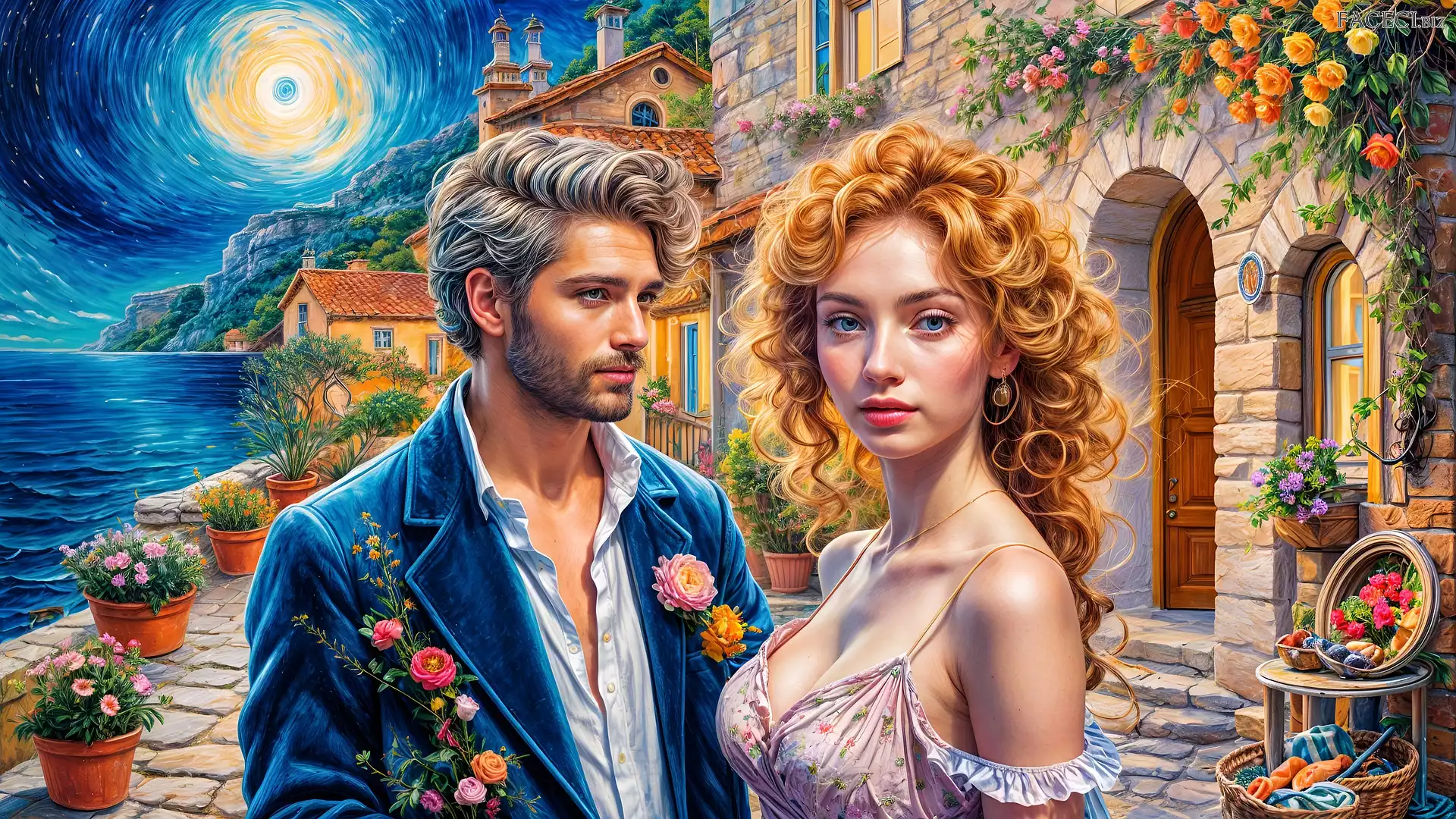 Grafika, Para, Kobieta, Mężczyzna, Dom, Księżyc