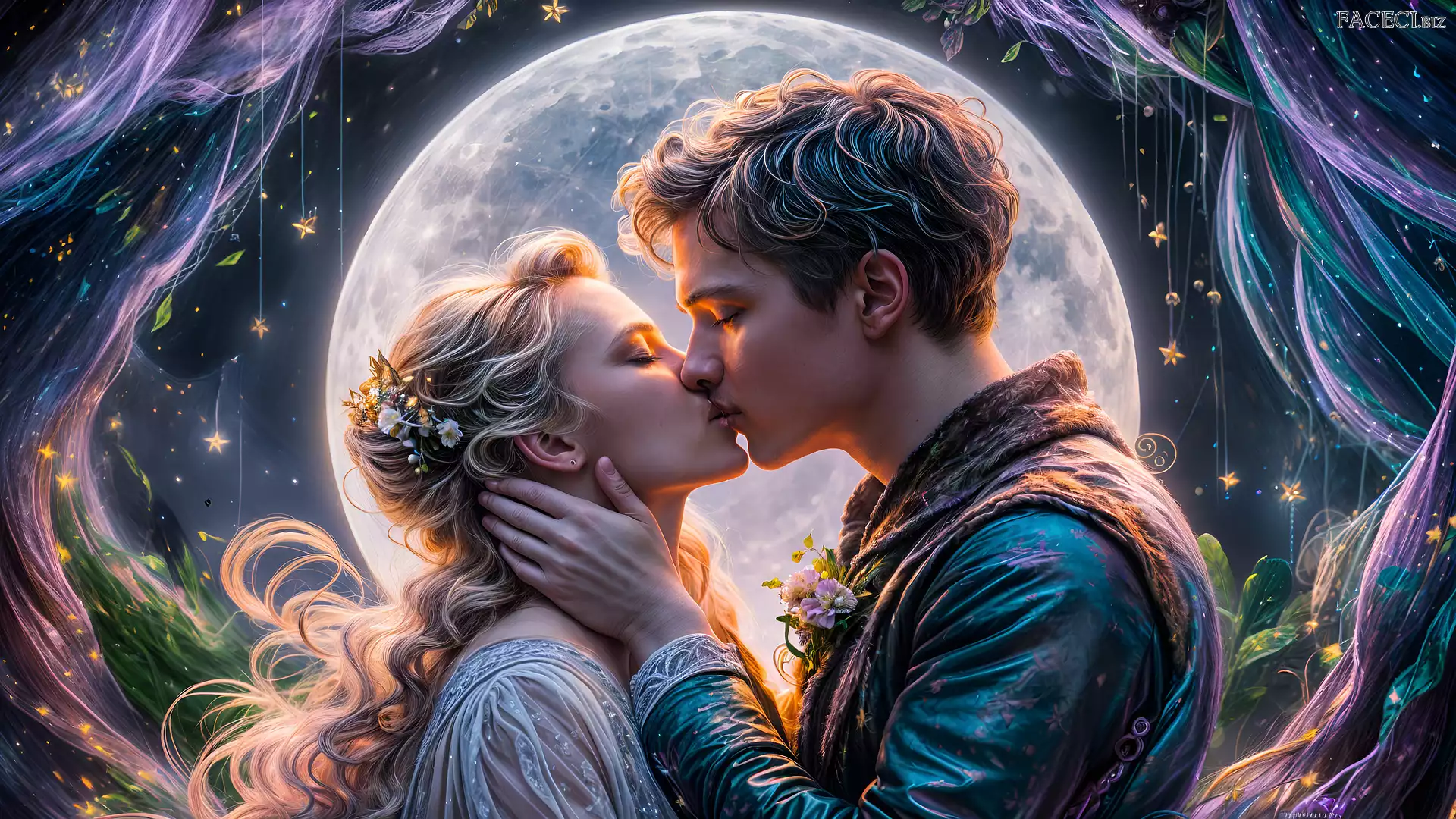 Grafika, Księżyc, Kobieta, Mężczyzna, Para, Pocałunek