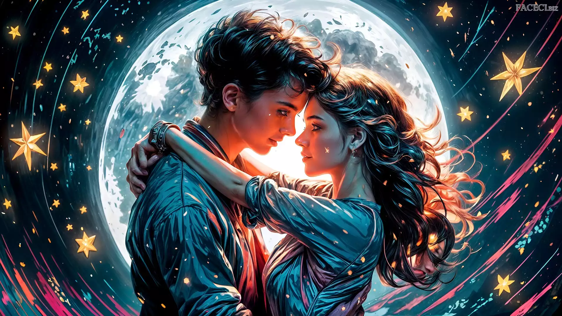Kobieta, Zakochani, Księżyc, Niebo, Grafika, Gwiazdy, Mężczyzna